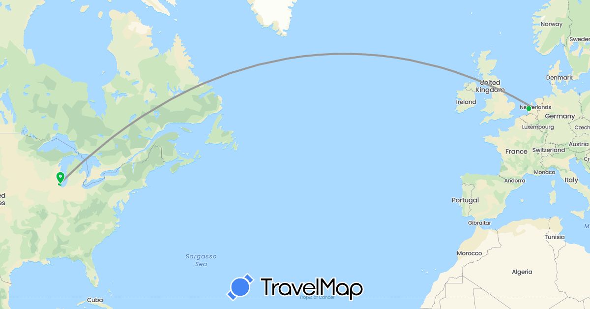 TravelMap itinerary: driving, bus, plane in Netherlands, United States (Europe, North America)